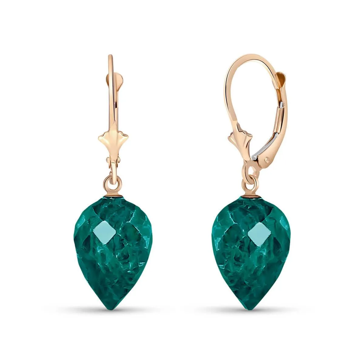 25.7 Carat 14K Solid Rose Gold Drop Briolette Emerald Earrings