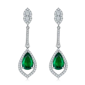 3.4 Carat Pear-Shaped Lab-Created Emerald Halo Earrings in S925 Silver-Plated Platinum Design