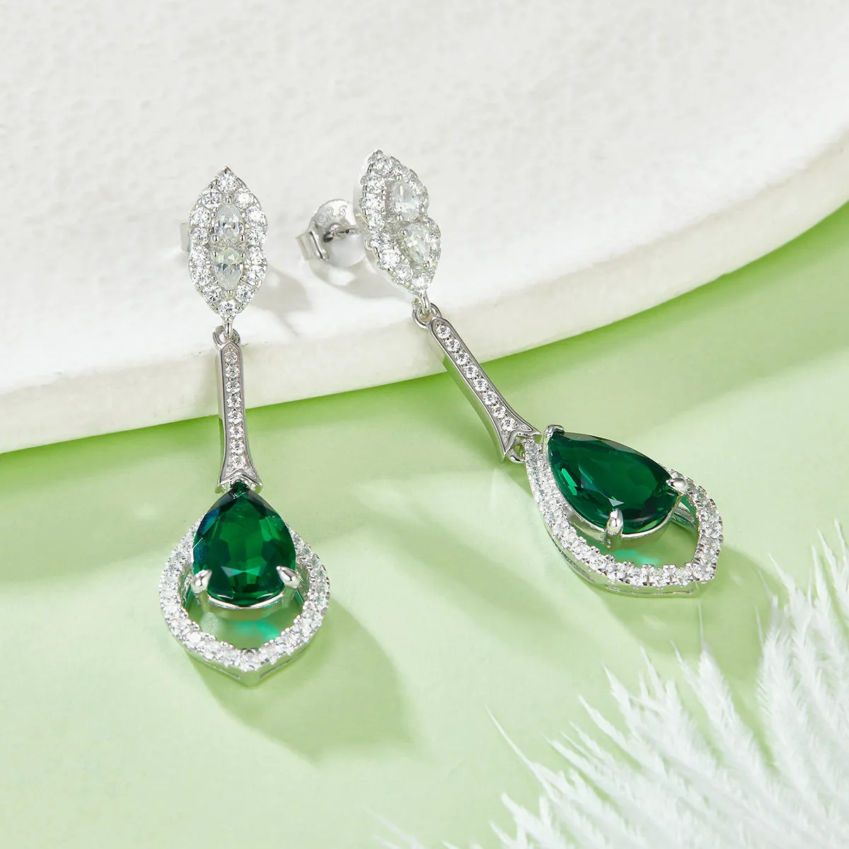 3.4 Carat Pear-Shaped Lab-Created Emerald Halo Earrings in S925 Silver-Plated Platinum Design