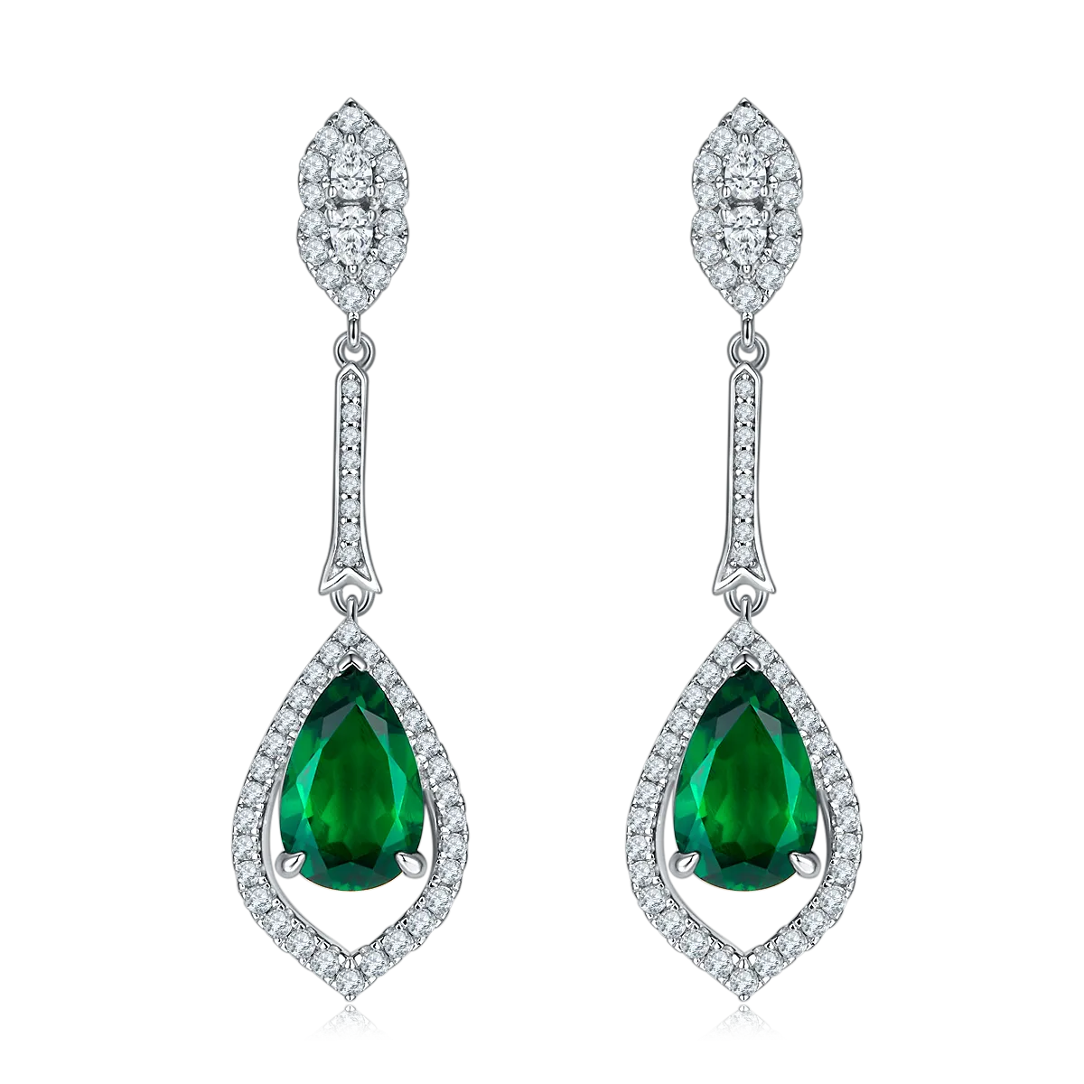 3.4 Carat Pear-Shaped Lab-Created Emerald Halo Earrings in S925 Silver-Plated Platinum Design