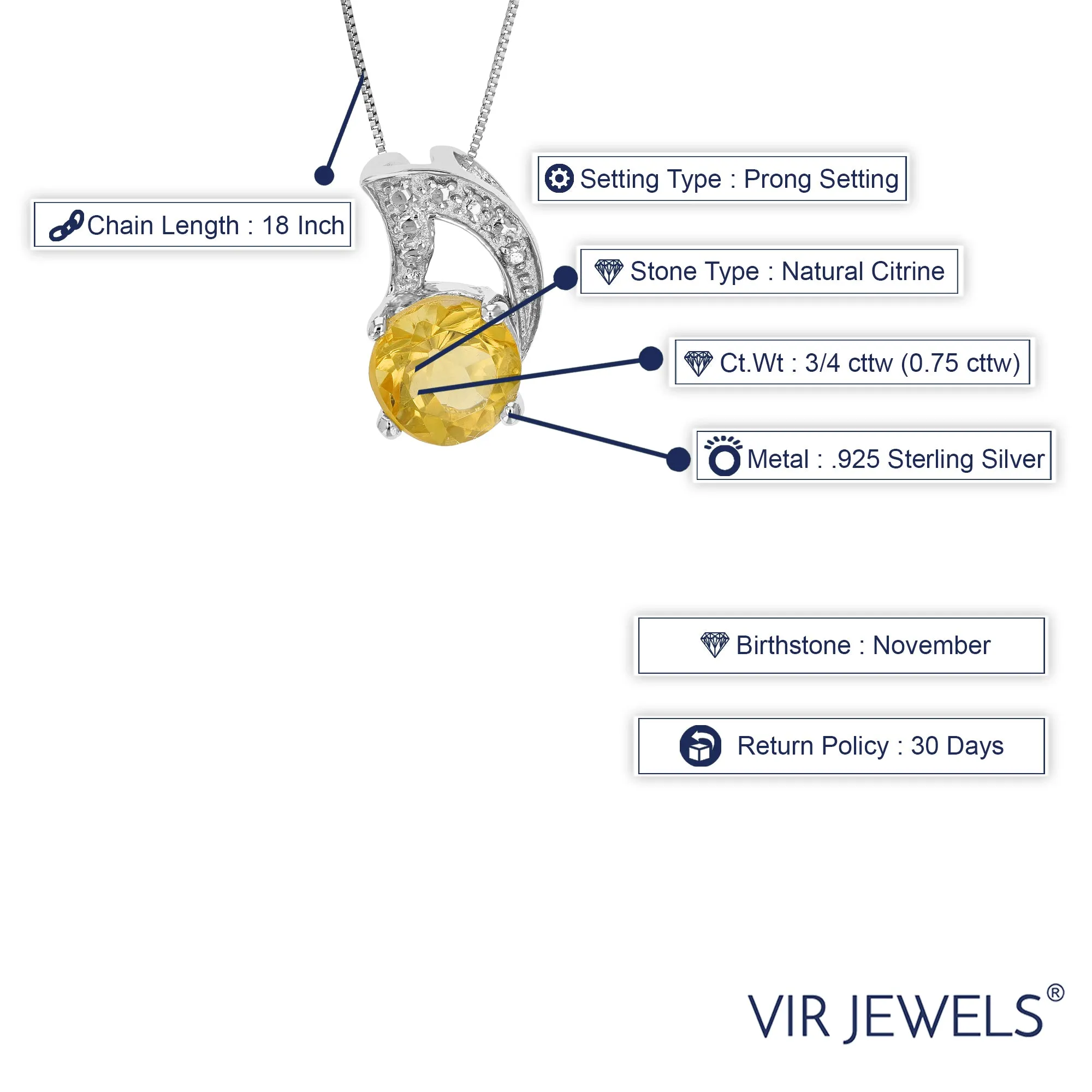 3/4 cttw Pendant Necklace, Citrine Pendant Necklace for Women in .925 Sterling Silver with Rhodium, 18 Inch Chain, Prong Setting