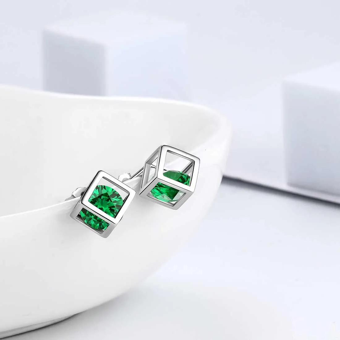 3D Cube Birthstone May Emerald Earrings Women Girl Jewelry Gift Sterling Silver