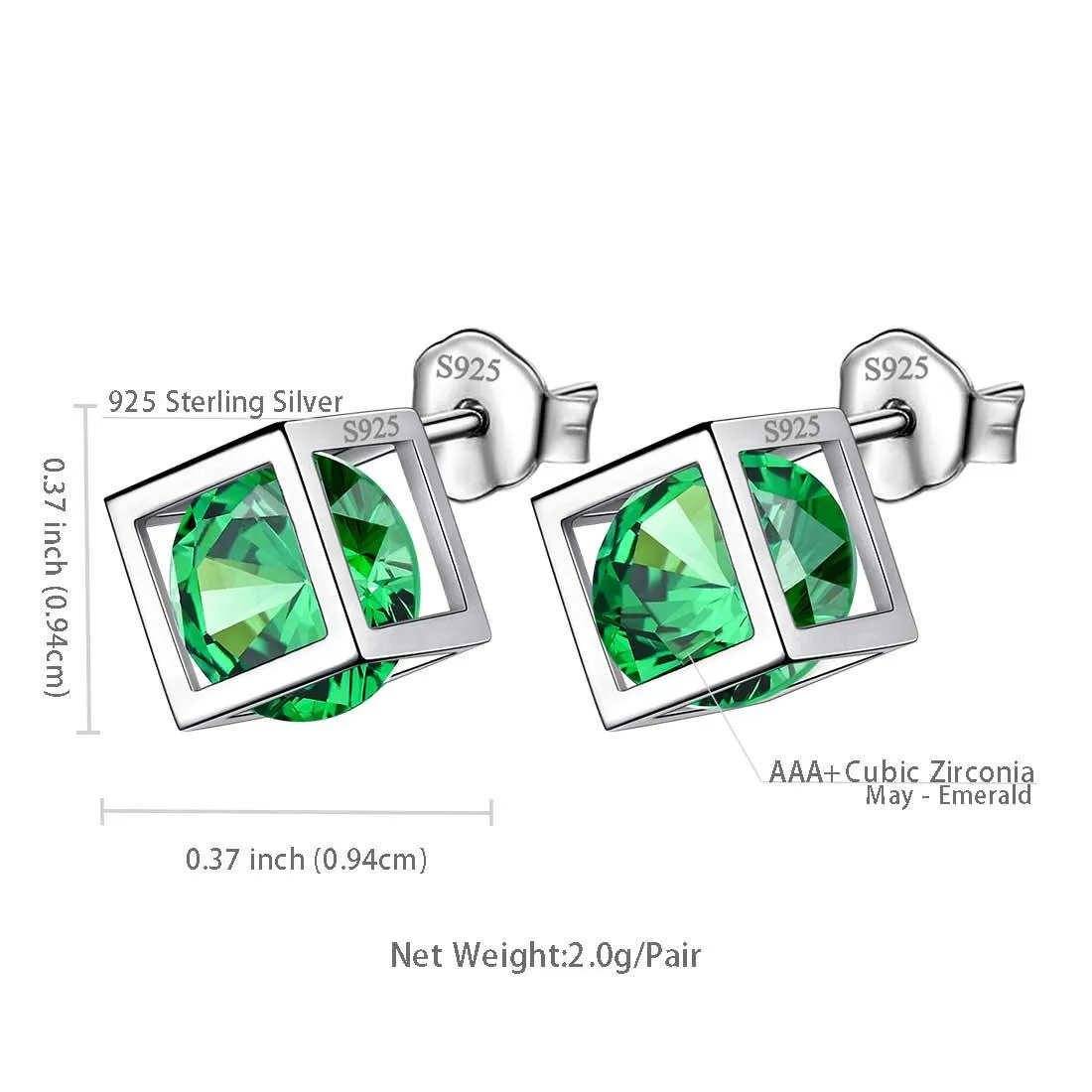 3D Cube Birthstone May Emerald Earrings Women Girl Jewelry Gift Sterling Silver