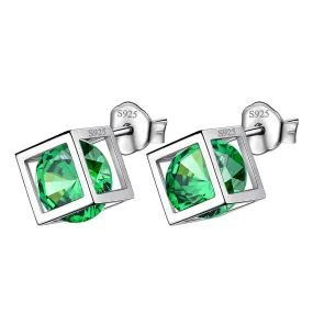 3D Cube Birthstone May Emerald Earrings Women Girl Jewelry Gift Sterling Silver