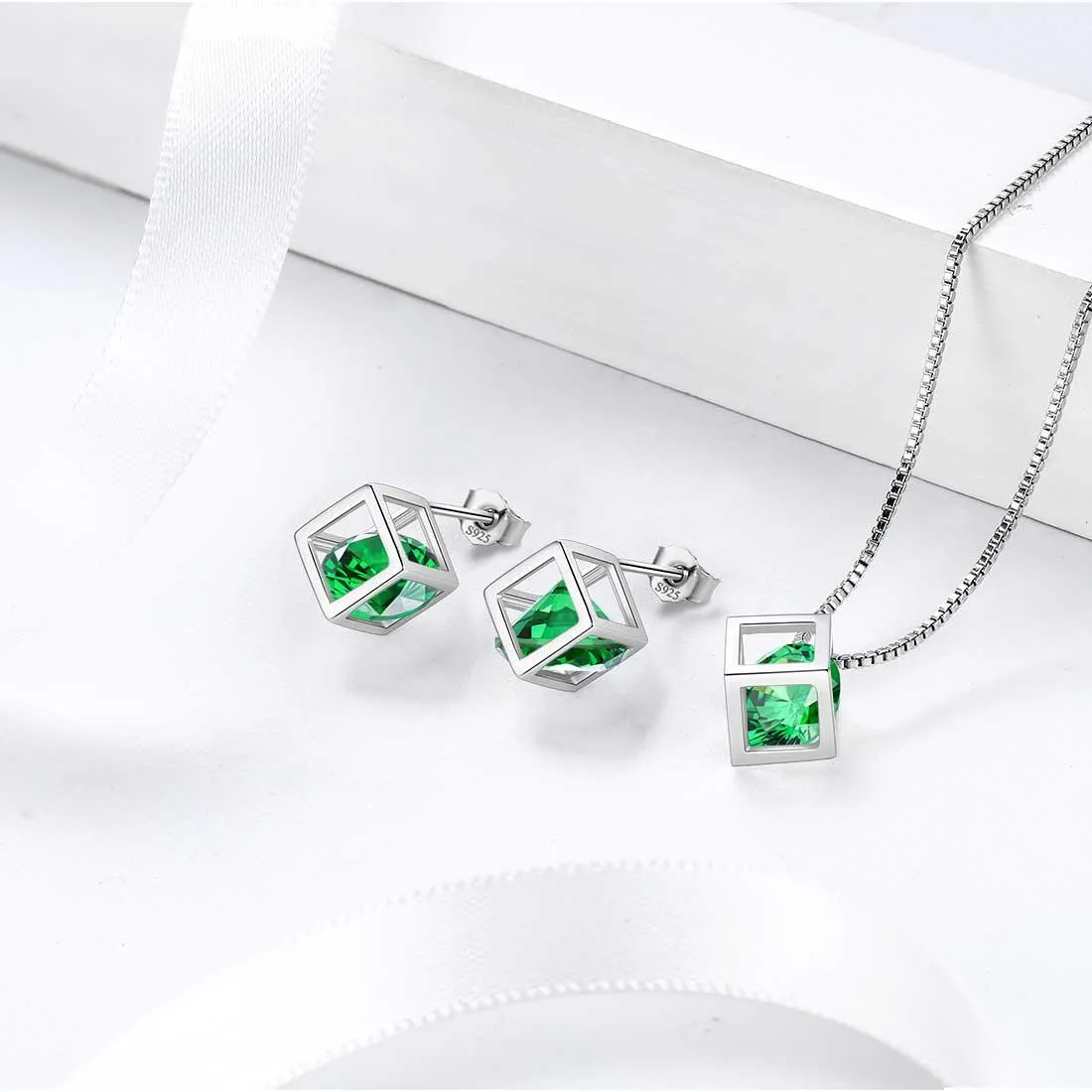 3D Cube Birthstone May Emerald Earrings Women Girl Jewelry Gift Sterling Silver