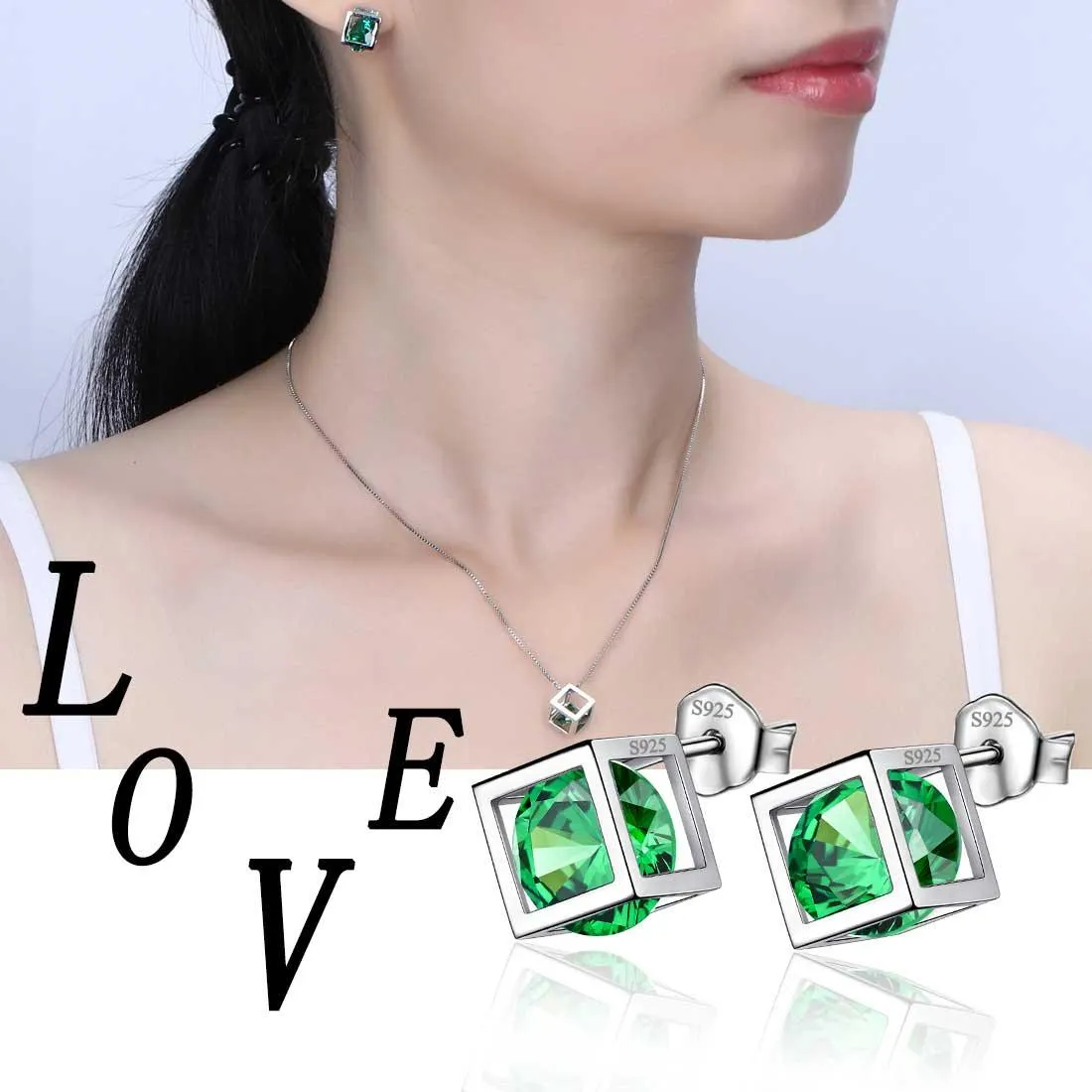 3D Cube Birthstone May Emerald Earrings Women Girl Jewelry Gift Sterling Silver