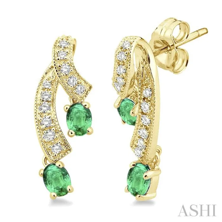 4x3MM Oval Cut Emerald and 1/5 Ctw Round Cut Diamond Earrings in 14K Yellow Gold