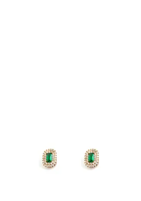 9 Carat Gold CZ Rectangular Emerald Green Halo Stud Earrings, Gold