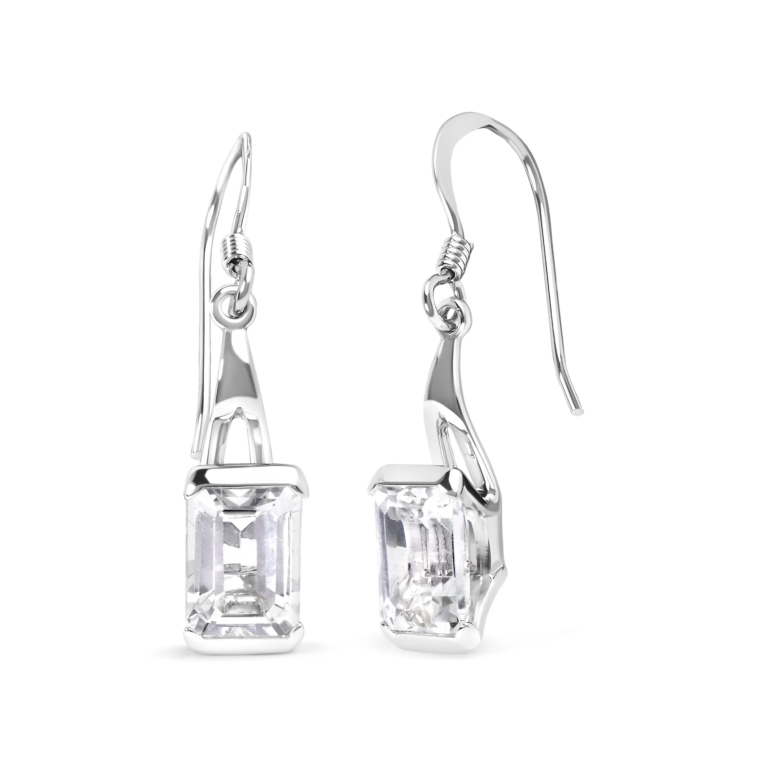 .925 Sterling Silver 3.0 Cttw Emerald Cut White Topaz Solitaire Dangle Earring