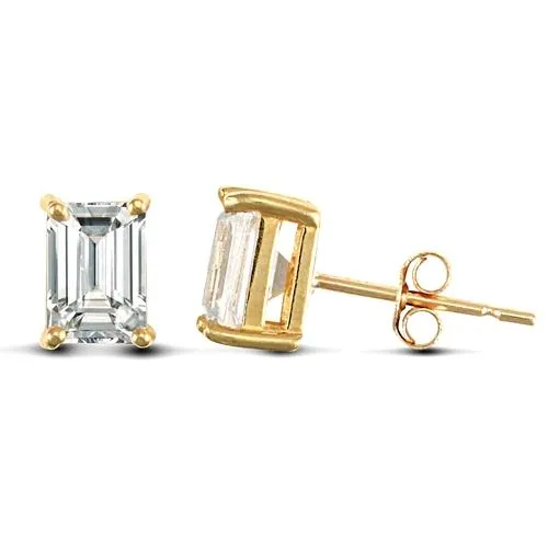 9ct Yellow Gold 4 Claw Emerald Cut CZ Solitaire Stud Earrings 7x5mm