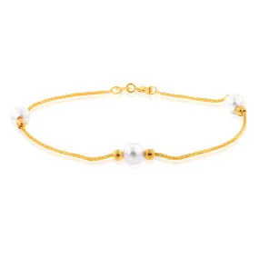 9ct Yellow Gold Silverfilled White Beads on 25Gauge Wheat Chain 19cm Bracelet