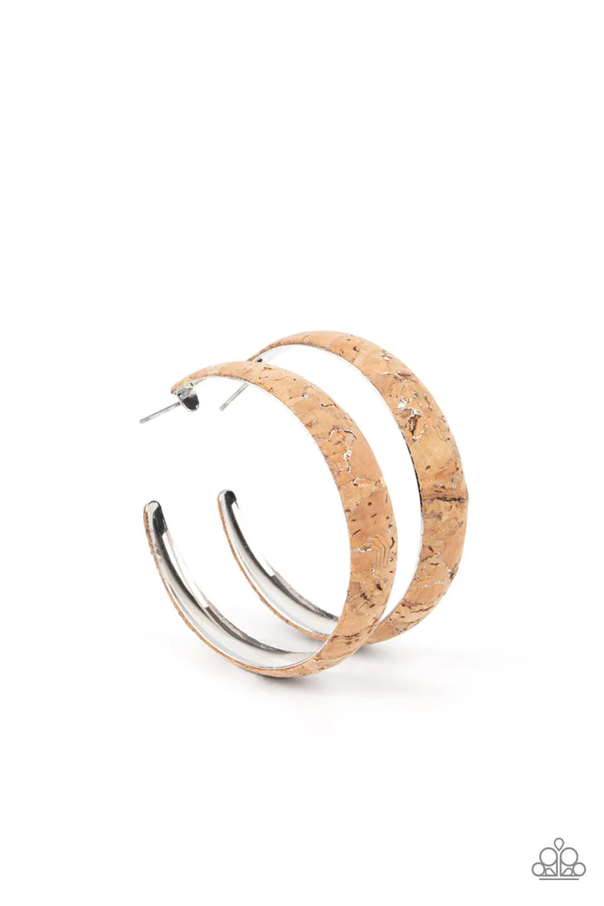 A CORK in the Road - Silver - Metallic Flecked Cork Paparazzi Hoop Earrings