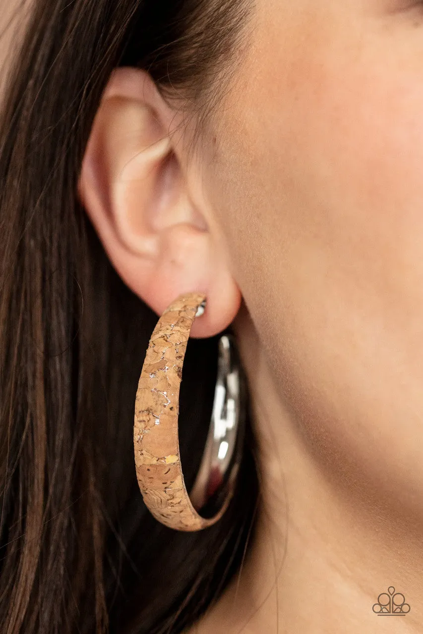 A CORK in the Road - Silver - Metallic Flecked Cork Paparazzi Hoop Earrings