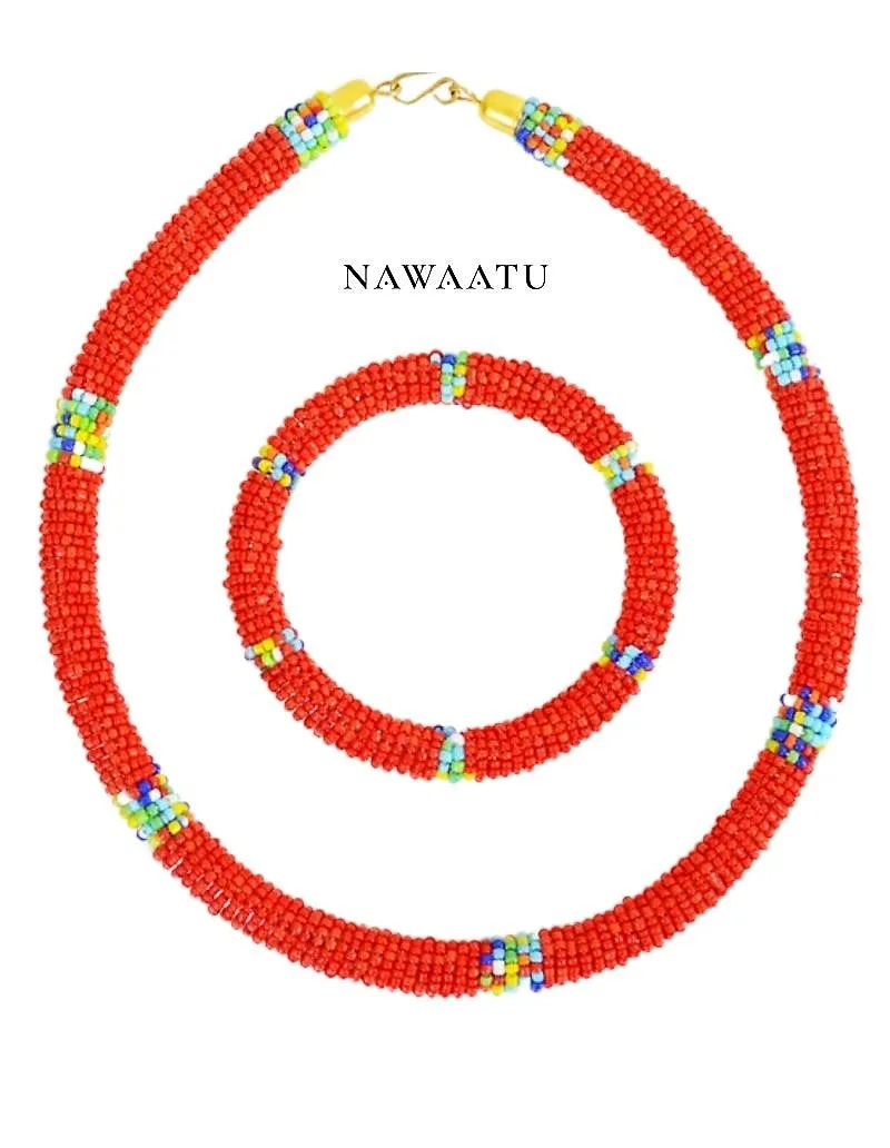 African Maasai Tribal Beaded Necklace and Bangle Set- Red