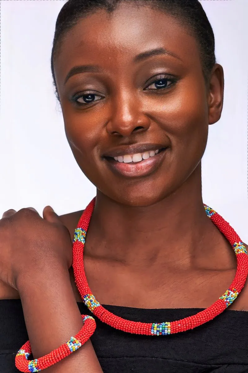 African Maasai Tribal Beaded Necklace and Bangle Set- Red