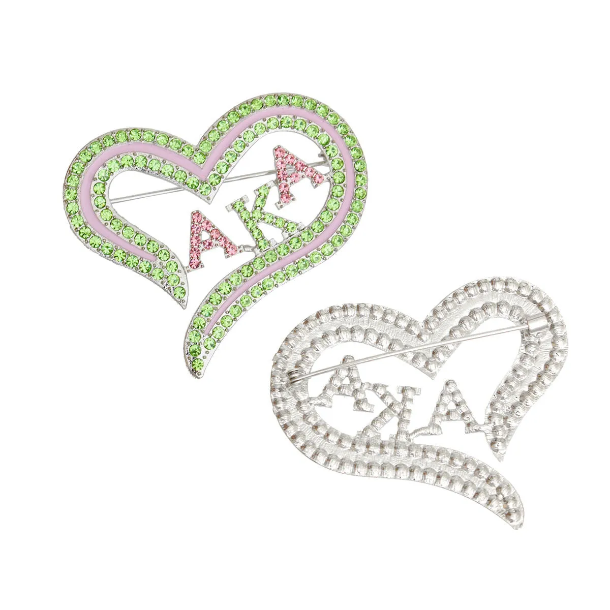 AKA Sorority Inspired Heart Pink Green Bling Brooch for Alpha Kappa Alpha Women