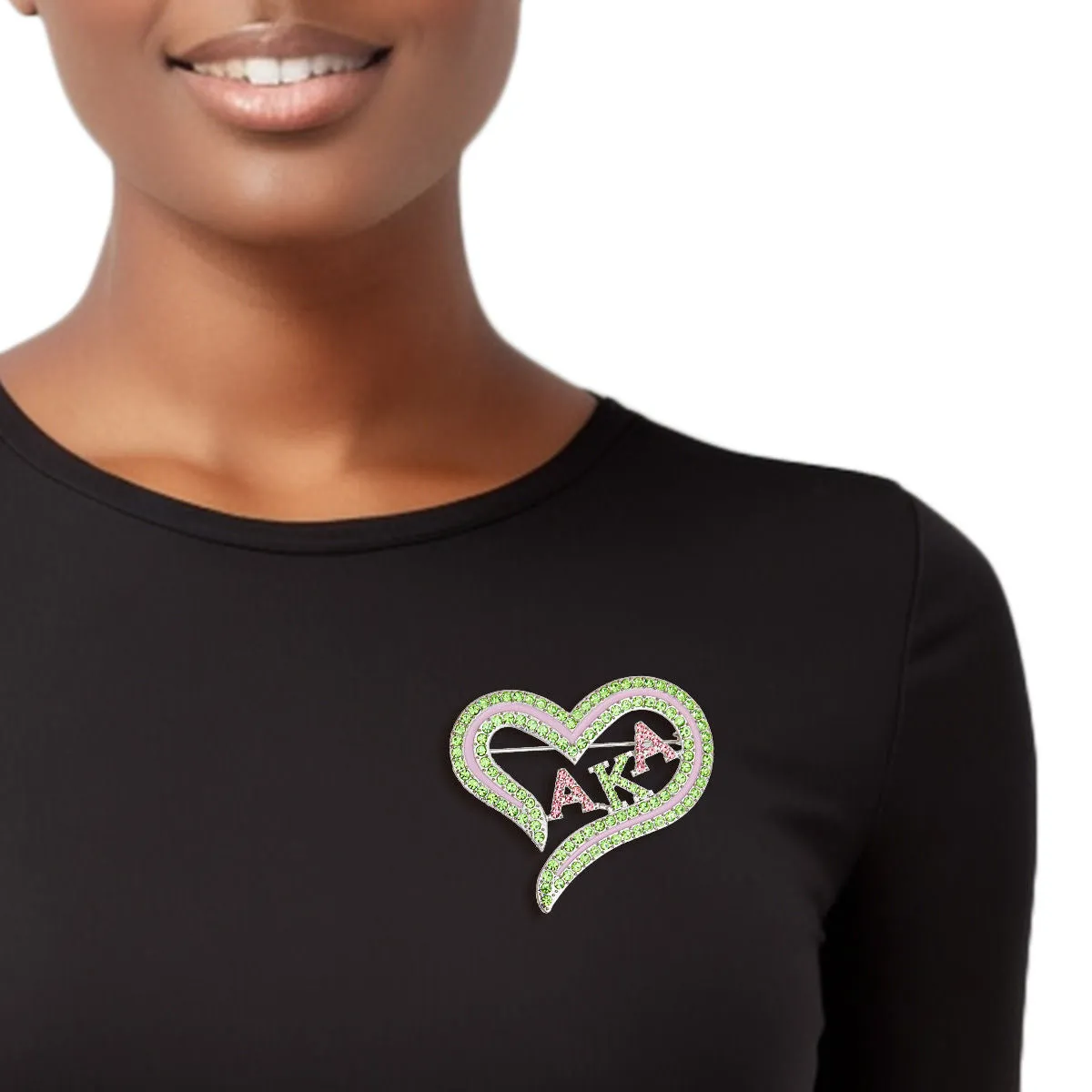 AKA Sorority Inspired Heart Pink Green Bling Brooch for Alpha Kappa Alpha Women