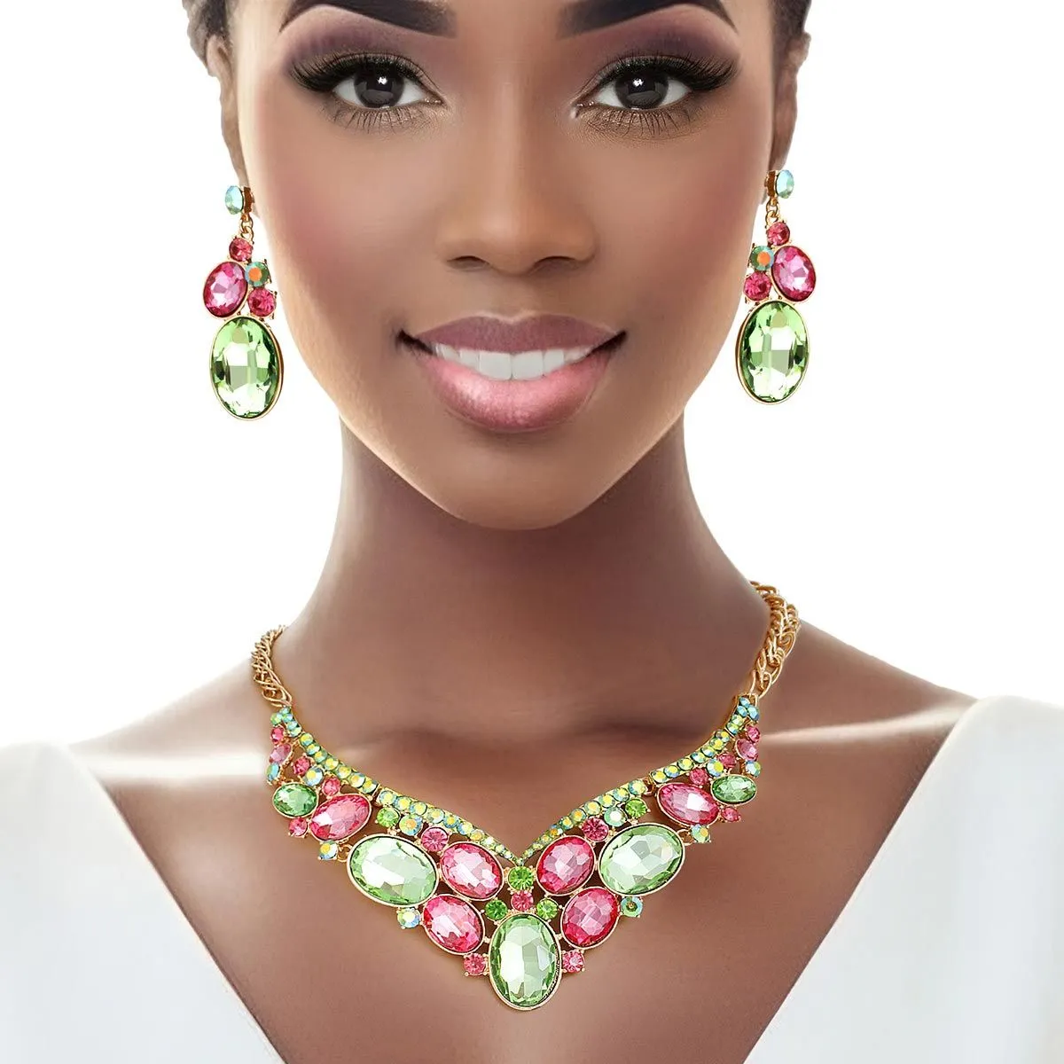 Alpha Kappa Alpha Inspired Crystal Necklace Pink Green Collar for Women