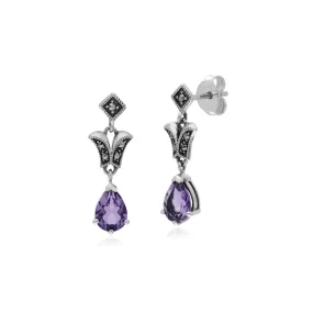 Amethyst Ohrringe, Sterlingsilber Amethyst & Markasit Birne Jugendstil Ohrhänger