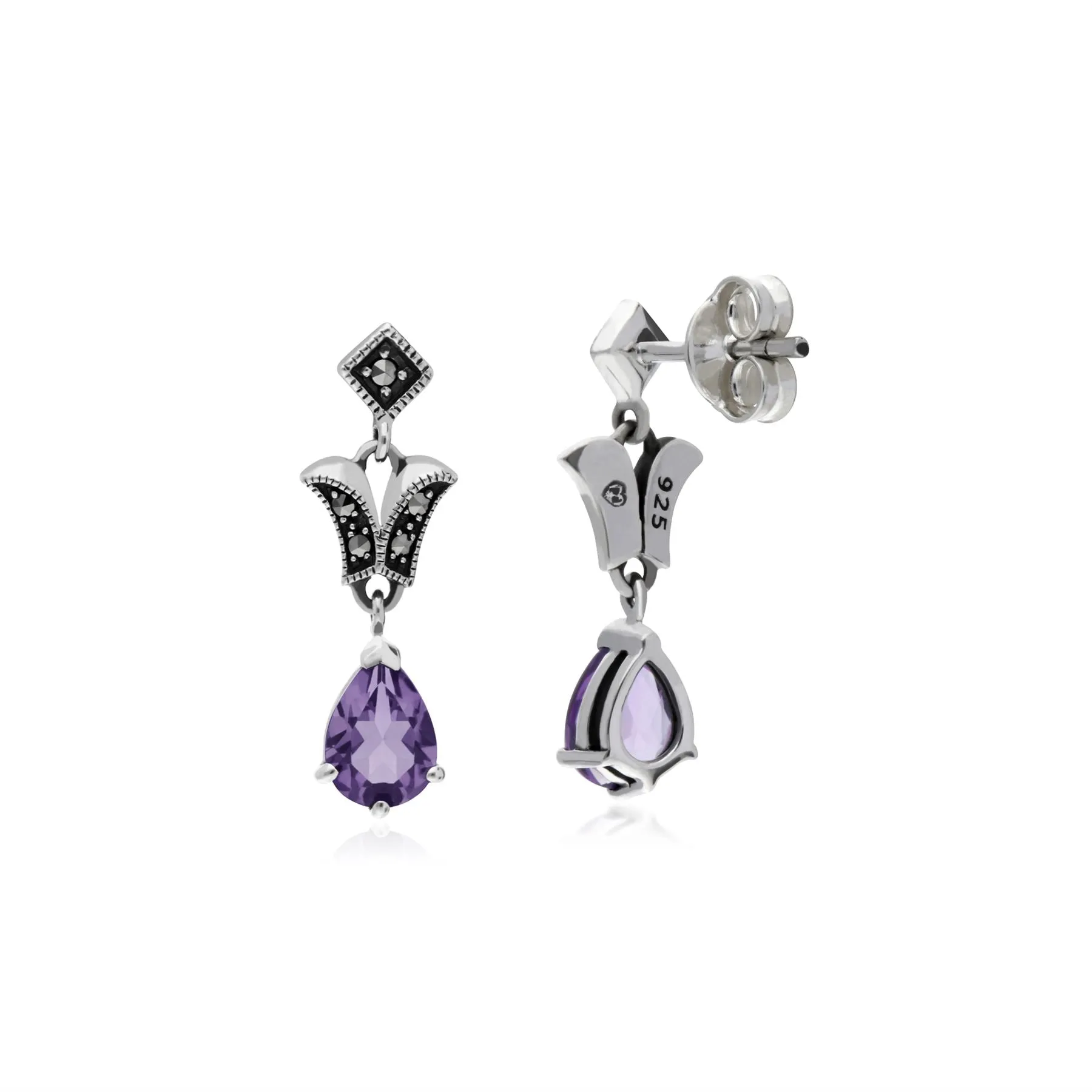 Amethyst Ohrringe, Sterlingsilber Amethyst & Markasit Birne Jugendstil Ohrhänger