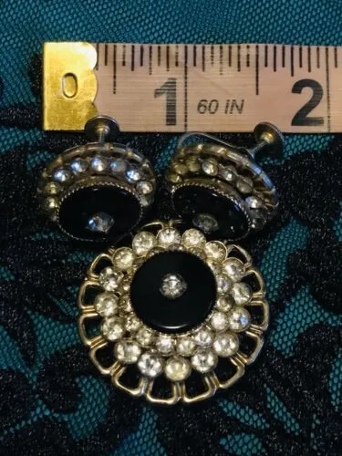 Antique Black & Gold Tone Round Rhinestone Screwback Earrings & Brooch Pin Set