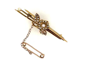 Antique c.1915 14ct Yellow Gold Flower Pearl Brooch with Safety Chain