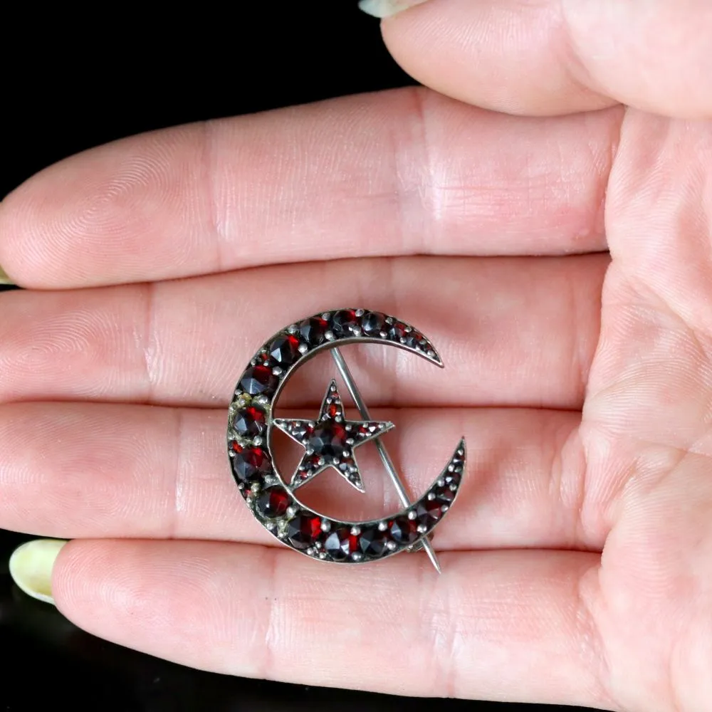 Antique Victorian Garnet Moon Crescent Brooch Gold Circa 1880