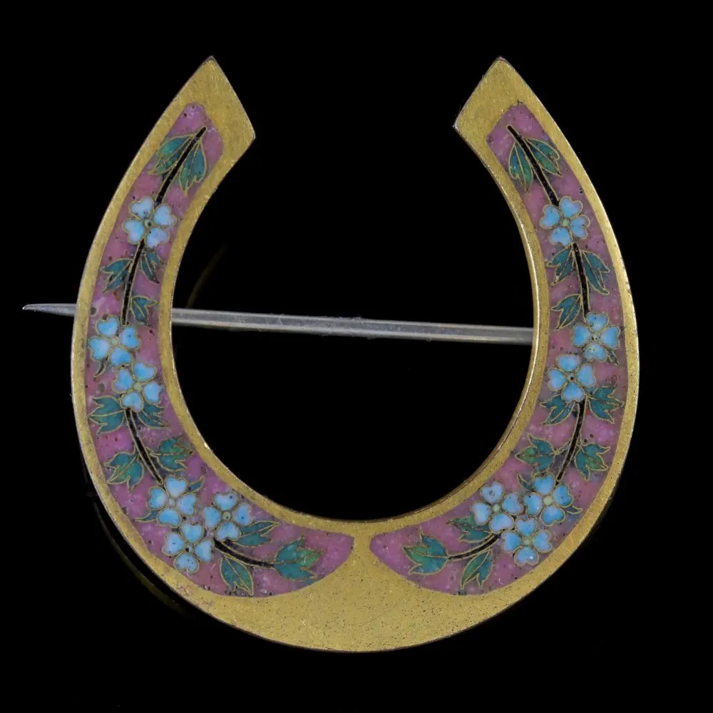 Antique Victorian Horseshoe Brooch Gold Gilt Forget Me Not Circa 1880