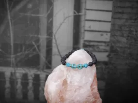 Aqua Skulls with Aqua Czech Crystals and Lava Stone Bracelet