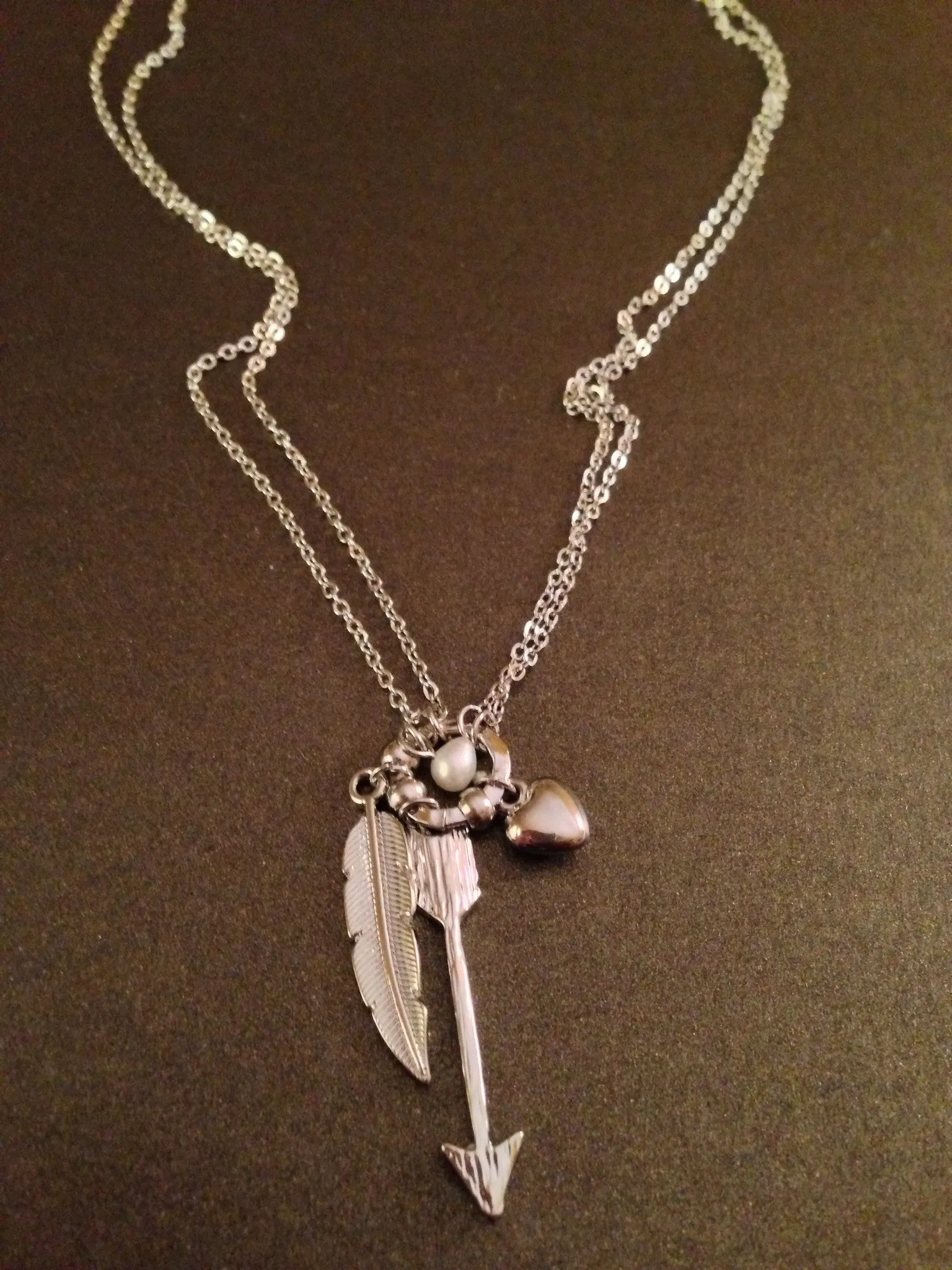 Arrow, Feather and Heart Necklace