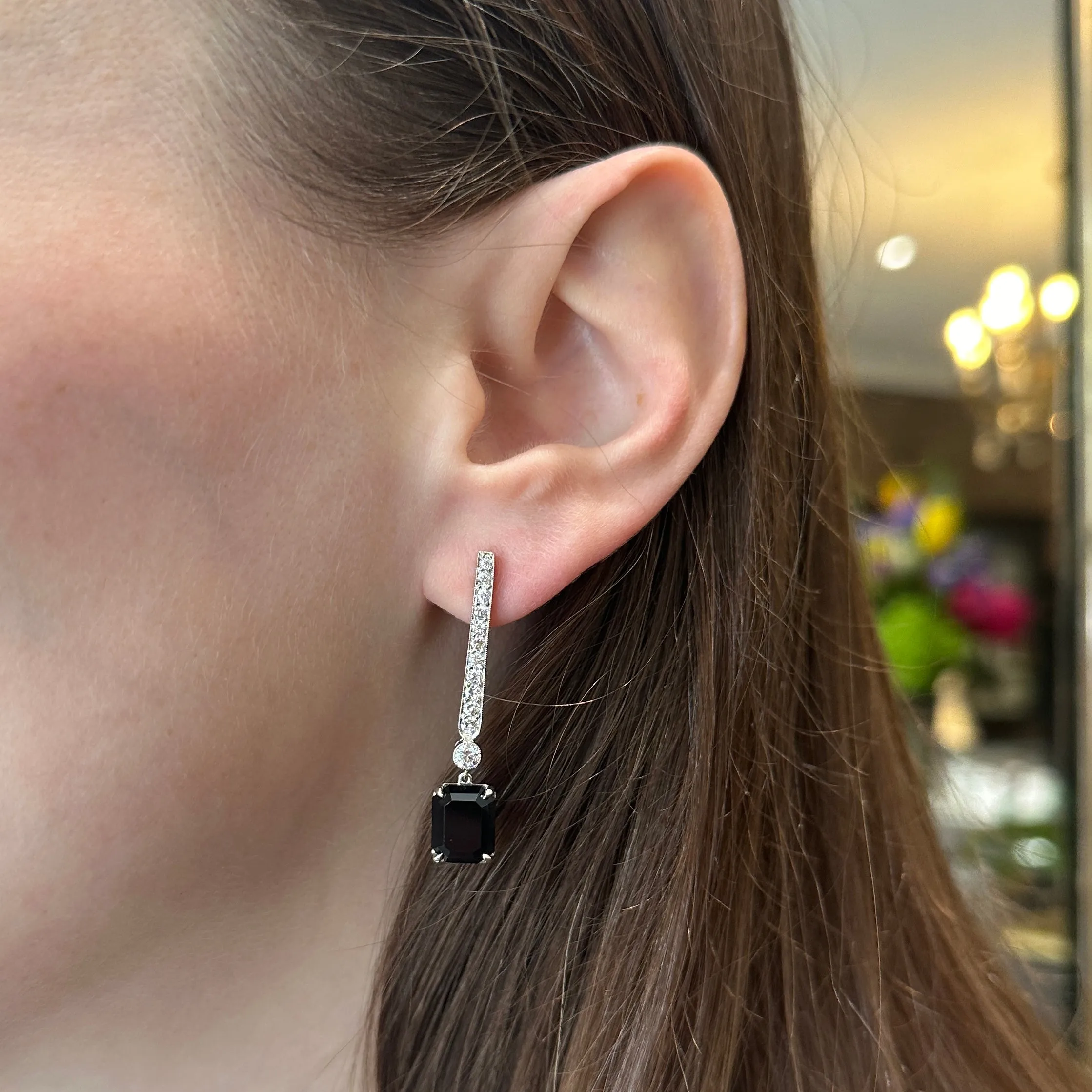 Art Deco Conversion Diamond and Onyx Drop Earrings