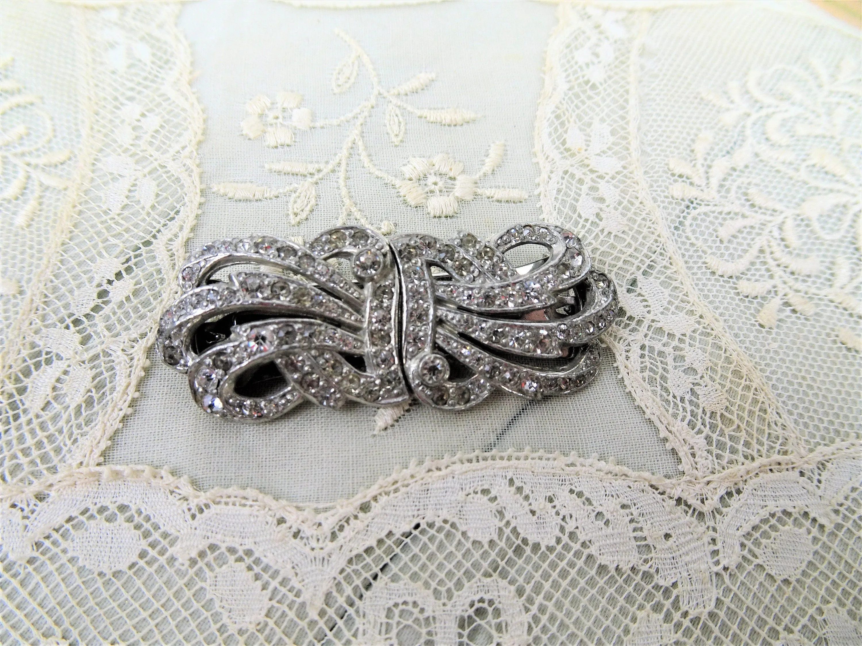 ART DECO Diamanté Dress Clips,Duette Brooch,Bridal Jewelry,20s Brooch,Glittering Paste ,Vintage Flapper Pin