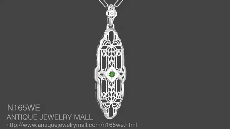 Art Deco Geometric Lozenge Filigree Emerald Pendant in Sterling Silver