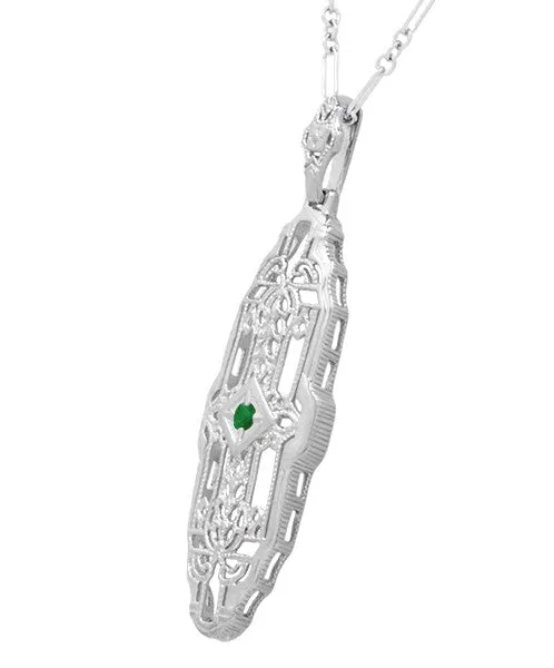 Art Deco Geometric Lozenge Filigree Emerald Pendant in Sterling Silver