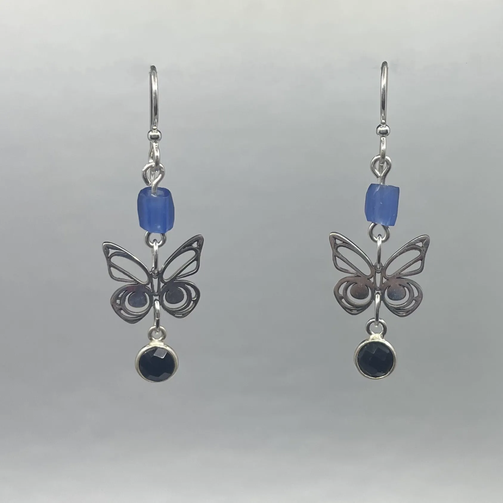 Asoyuf Mini Silver Butterfly Earrings with Trade Beads & Black Onyx