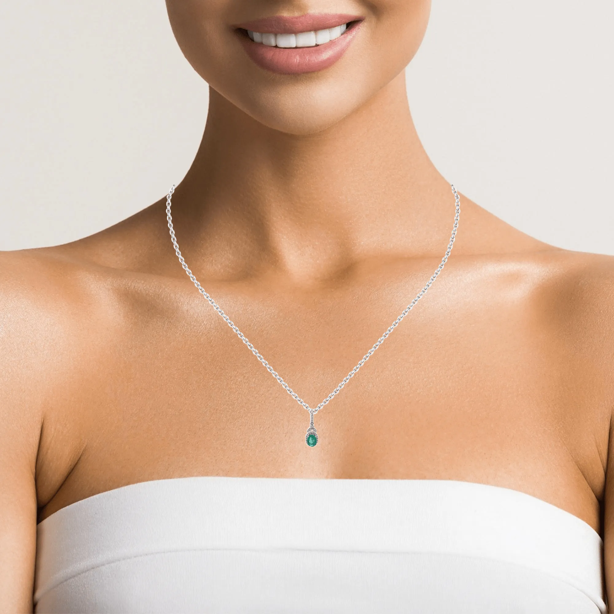 Baikalla™ 14k White Gold Emerald AA Round Necklace pendant With Diamond Halo