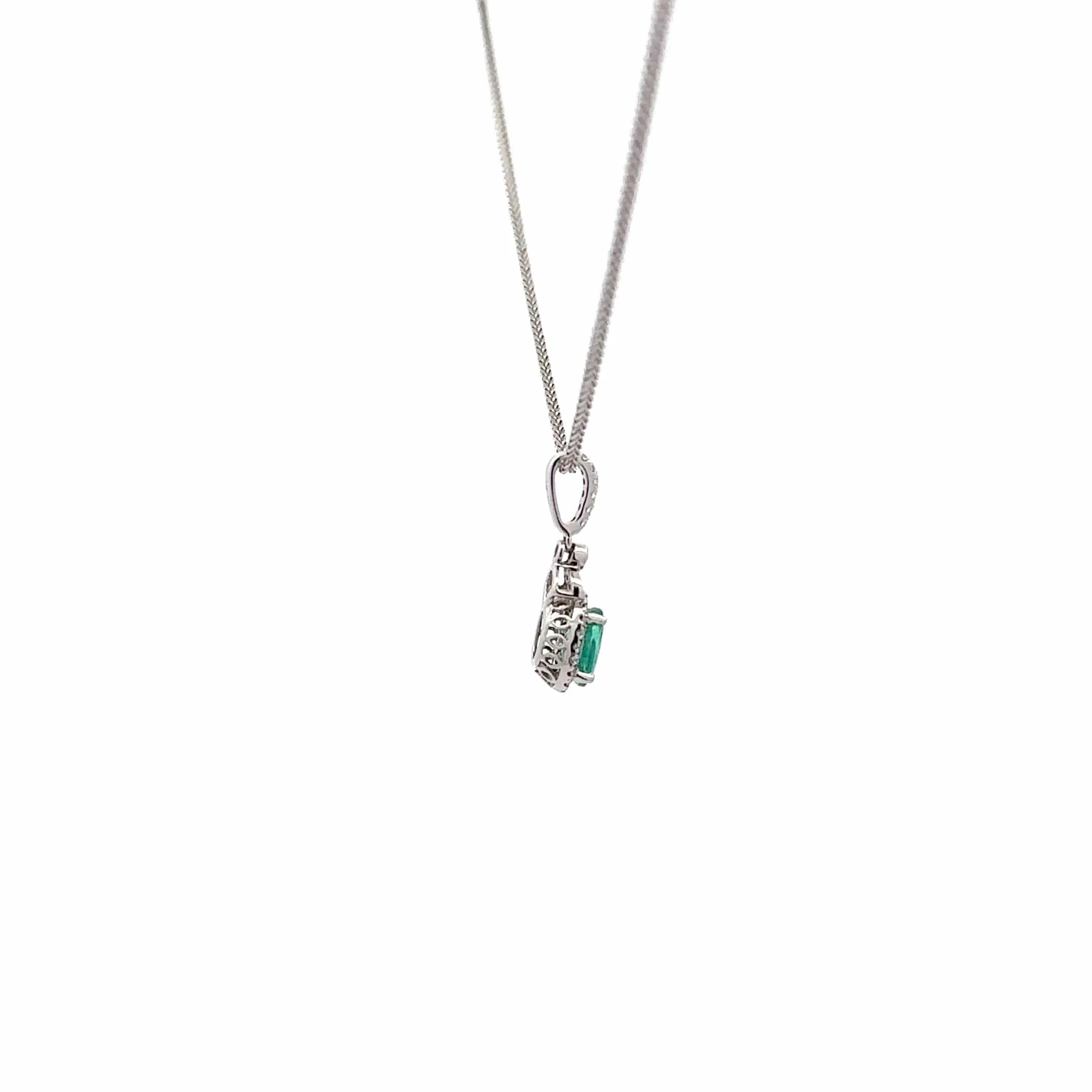 Baikalla™ 14k White Gold Emerald AA Round Necklace pendant With Diamond Halo