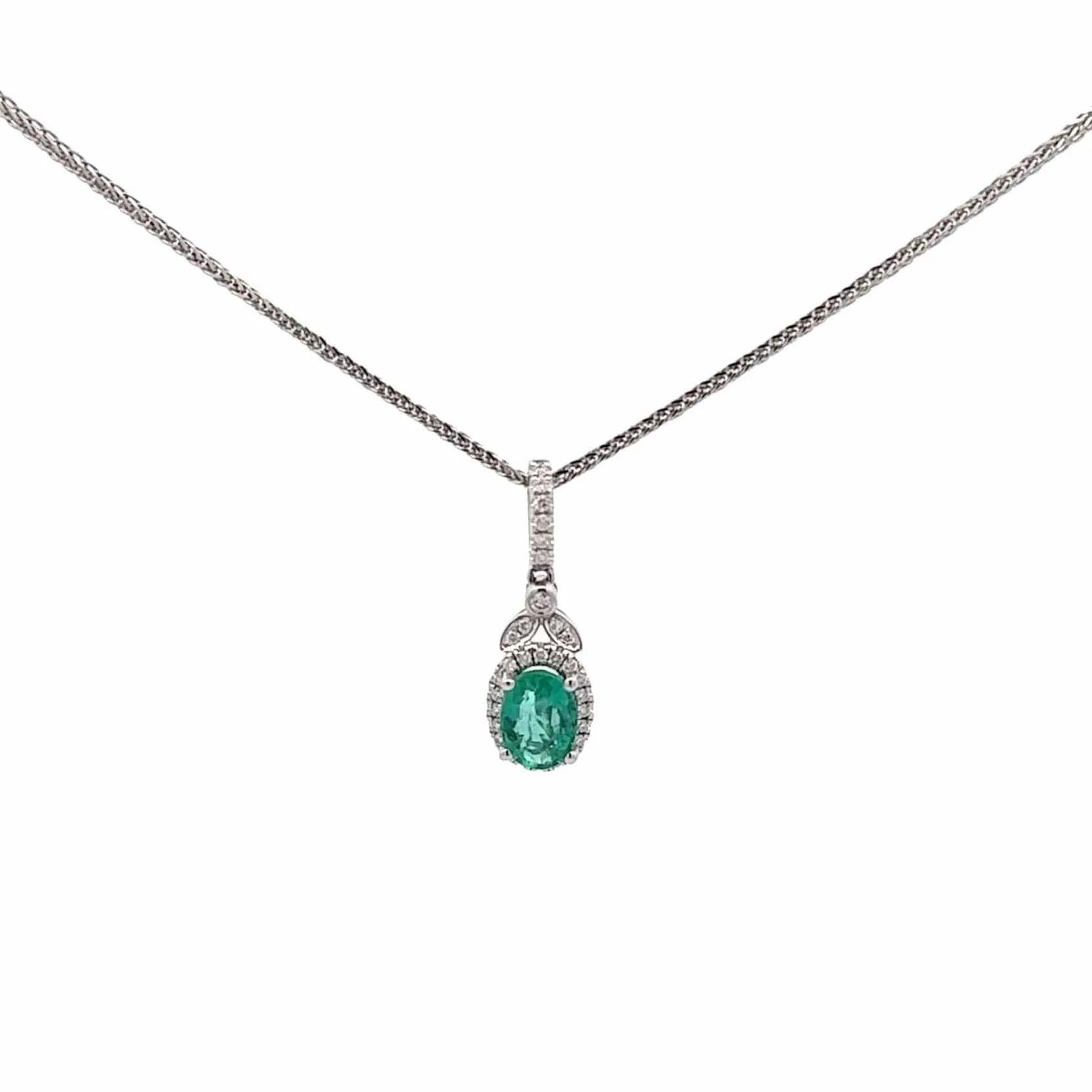 Baikalla™ 14k White Gold Emerald AA Round Necklace pendant With Diamond Halo