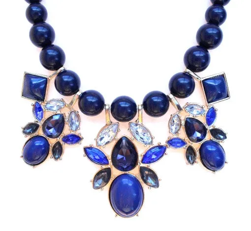 Beaded Mix Crystal Statement Necklace- Navy