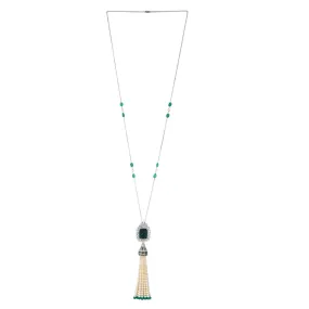 Beads Pearl Carved Emerald Tassel Rose Cut Diamond Opera Necklace In 18k White Gold