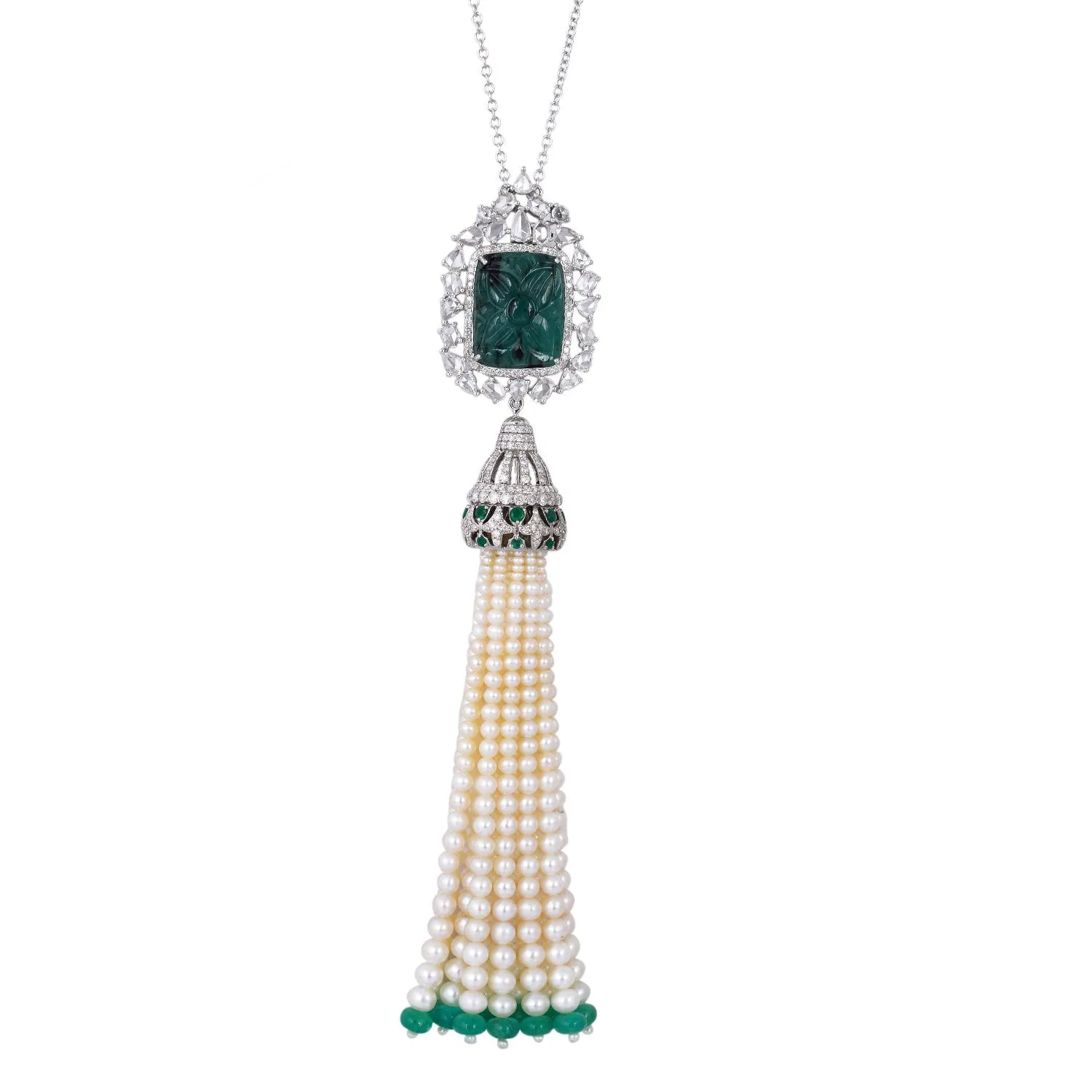 Beads Pearl Carved Emerald Tassel Rose Cut Diamond Opera Necklace In 18k White Gold