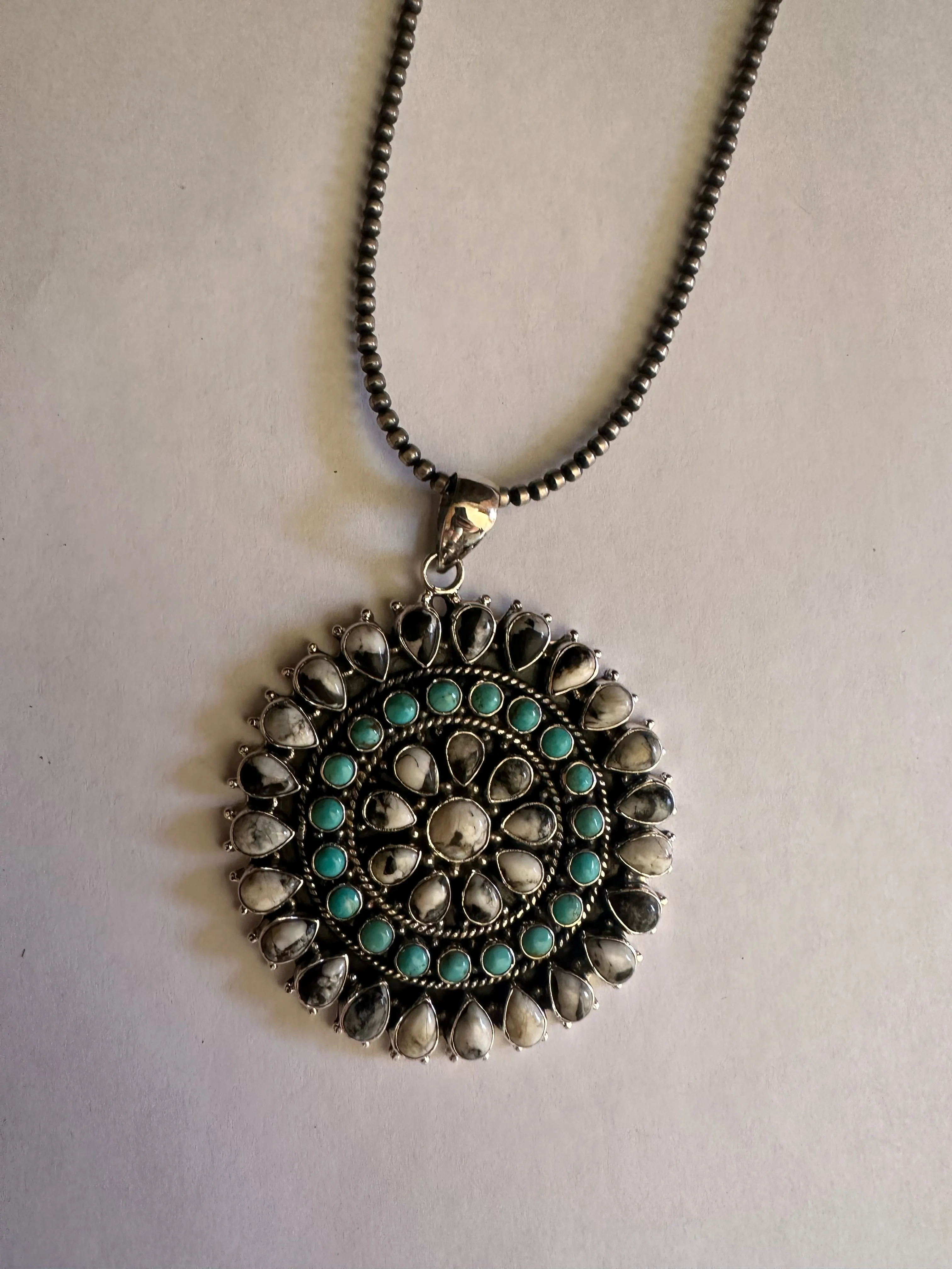 Beautiful Handmade Sterling Silver, White Buffalo & Turquoise Cluster Pendant Signed Nizhoni