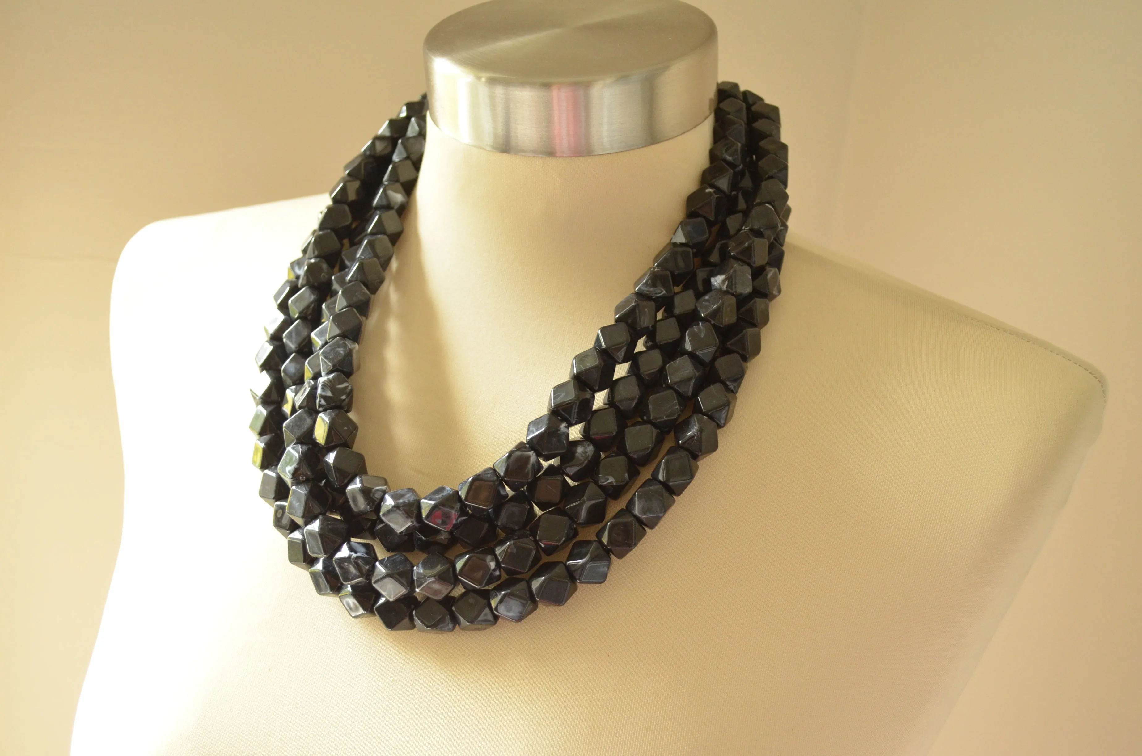 Black Beaded Multi Strand Acrylic Statement Necklace - Verti