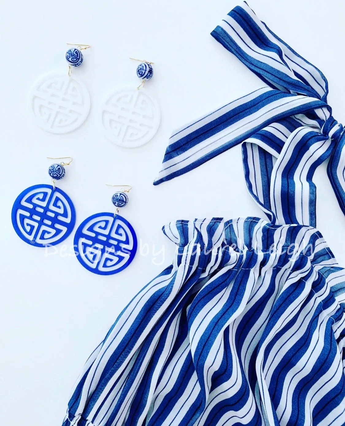 Blue & White Chinoiserie Longevity Earrings