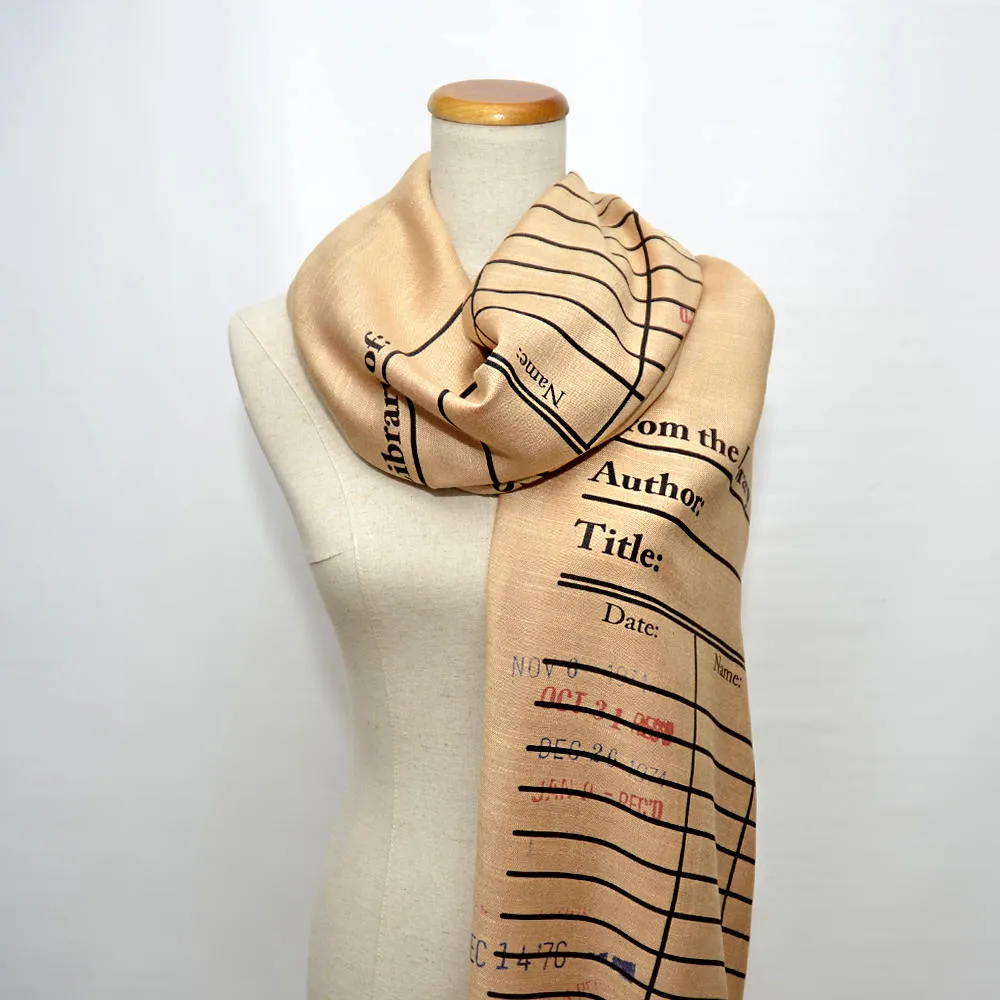 Book Scarf. Library scarf. Library card scarf with day due stamps. Print scarf. Beige scarf