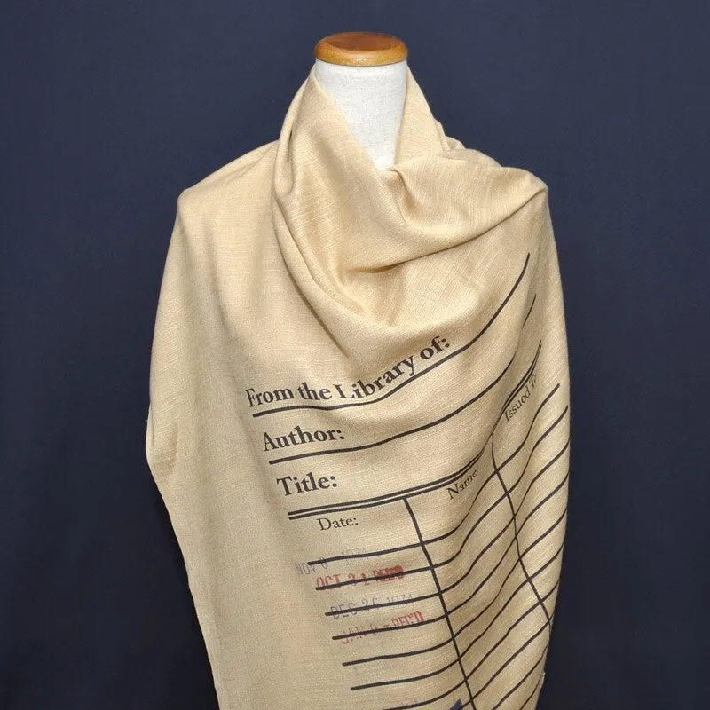 Book Scarf. Library scarf. Library card scarf with day due stamps. Print scarf. Beige scarf