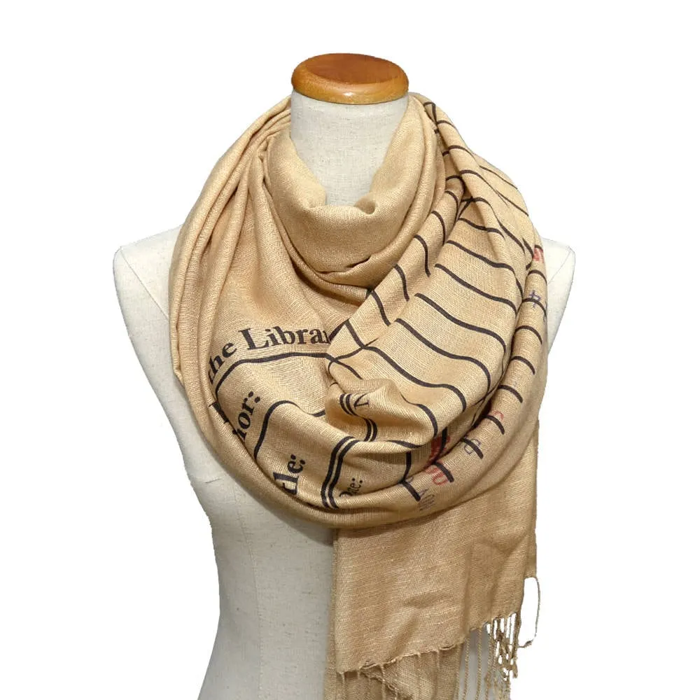 Book Scarf. Library scarf. Library card scarf with day due stamps. Print scarf. Beige scarf