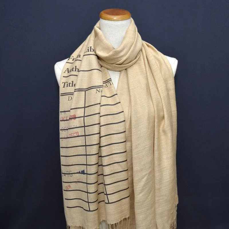 Book Scarf. Library scarf. Library card scarf with day due stamps. Print scarf. Beige scarf