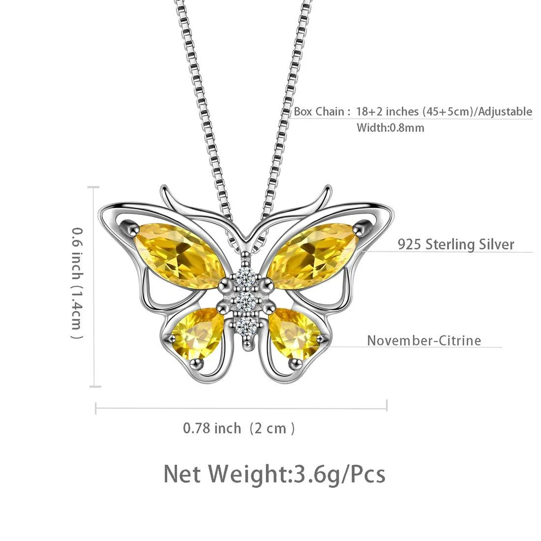 Butterfly Pendant Necklace Birthstone November Citrine Women Girls Jewelry Birthday Gift