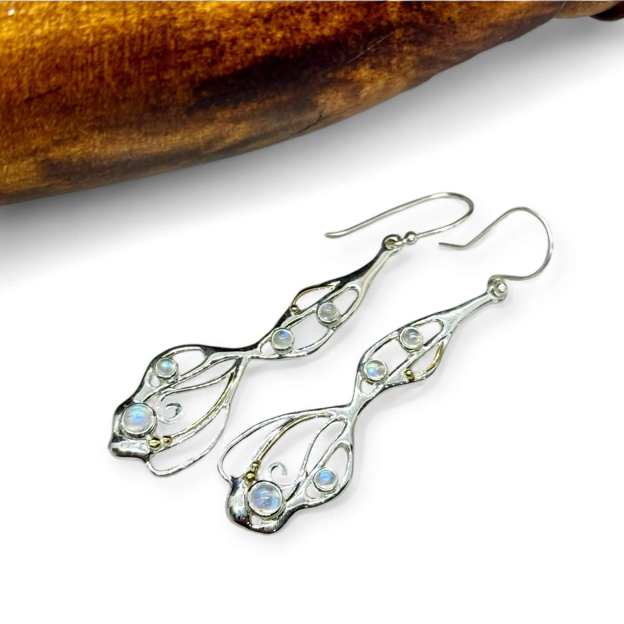 Cabochon Rainbow Moonstone Organic Flow Statement Earrings